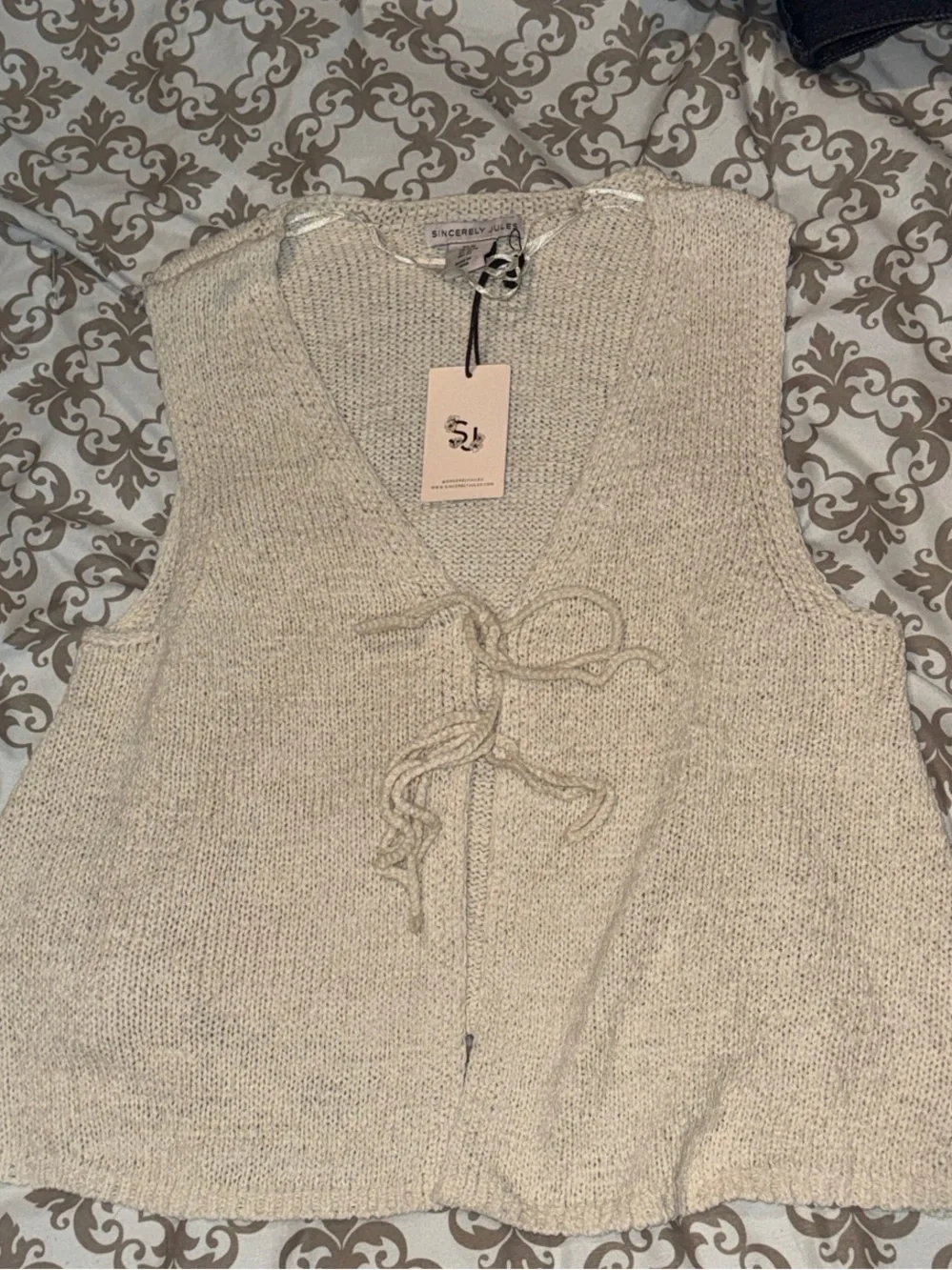 Sincerly Jules Beige Open-Knit Tie-Front Tank